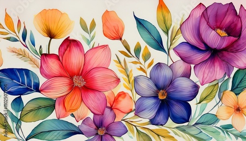 Flowers wallpaper pattern made of watercolor brush strokes on paper