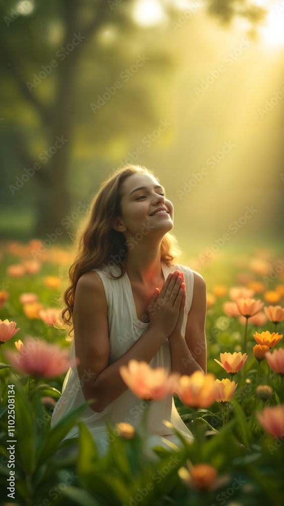 Hands in Prayer Amidst a Vibrant Garden Hands in Prayer Amidst a Vibrant Garden
