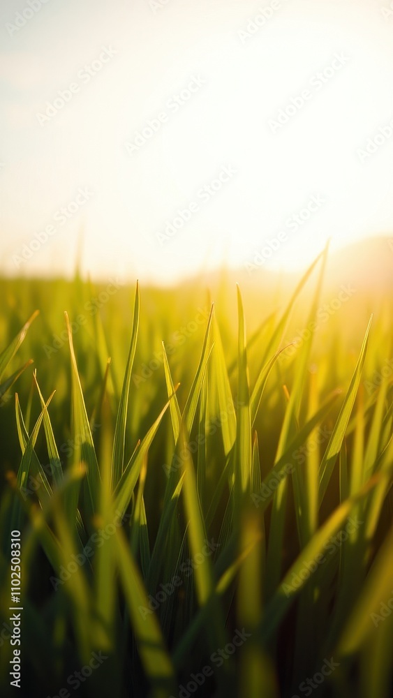Fototapeta premium soft focus shot of a field of fresh spring grass, warm tones, fresh spring grass, dreamy atmosphere, natural light