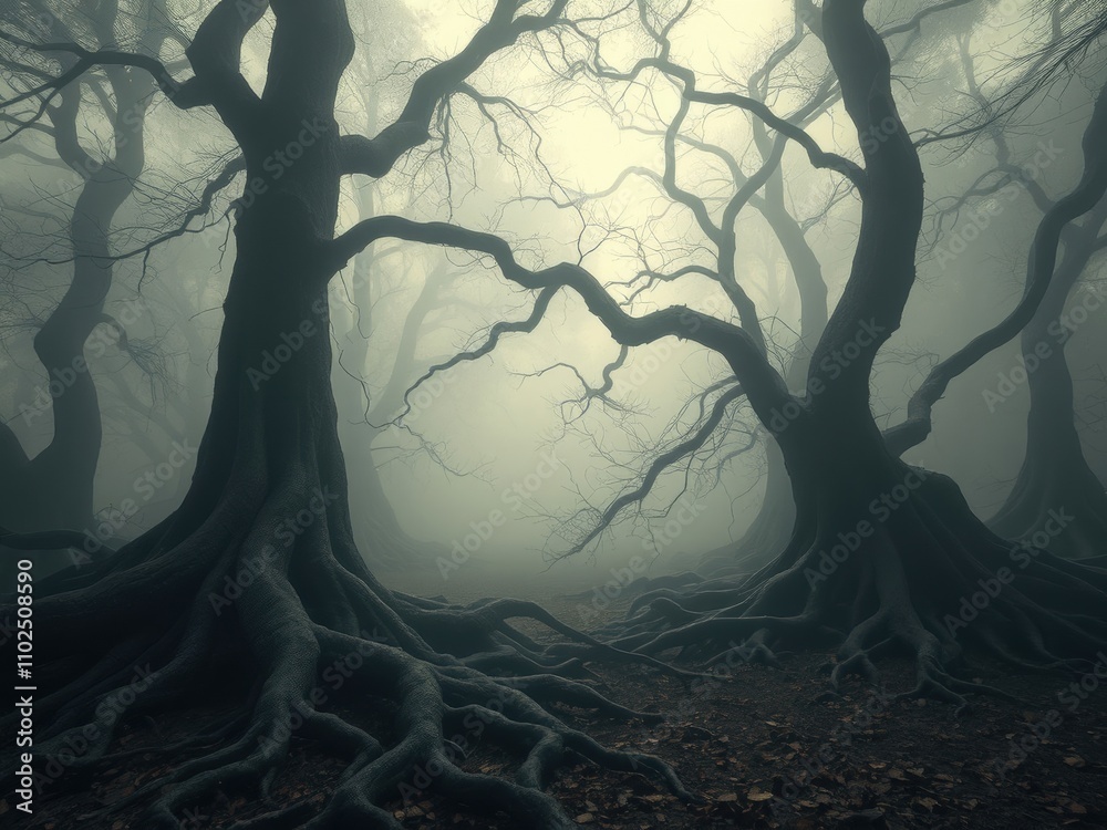 Naklejka premium A dense fog bank obscures all but the outline of twisted tree roots, creating an eerie and foreboding forest floor, eerie silence, fog, ancient woods