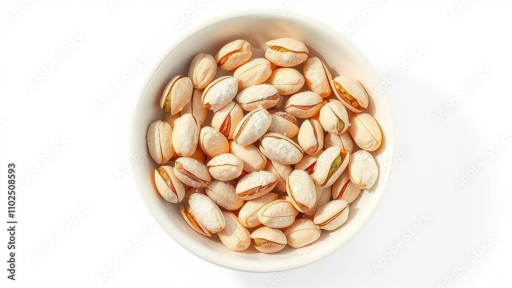 A close-up of pistachios arranged artfully in a bowl with a sprinkle of powdered sugar on a white background, bowl, white background A close-up of pistachios arranged artfully in a bowl with a sprinkle of powdered sugar on a white background, bowl, white background