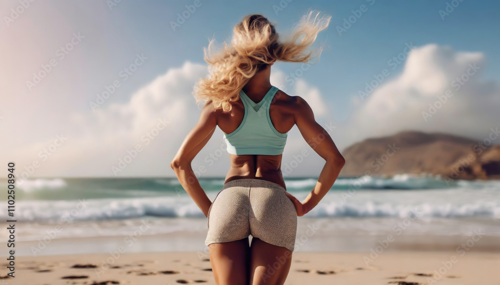 Naklejka premium A fit woman with toned muscles standing on a scenic beach, looking towards the ocean under a sunny sky