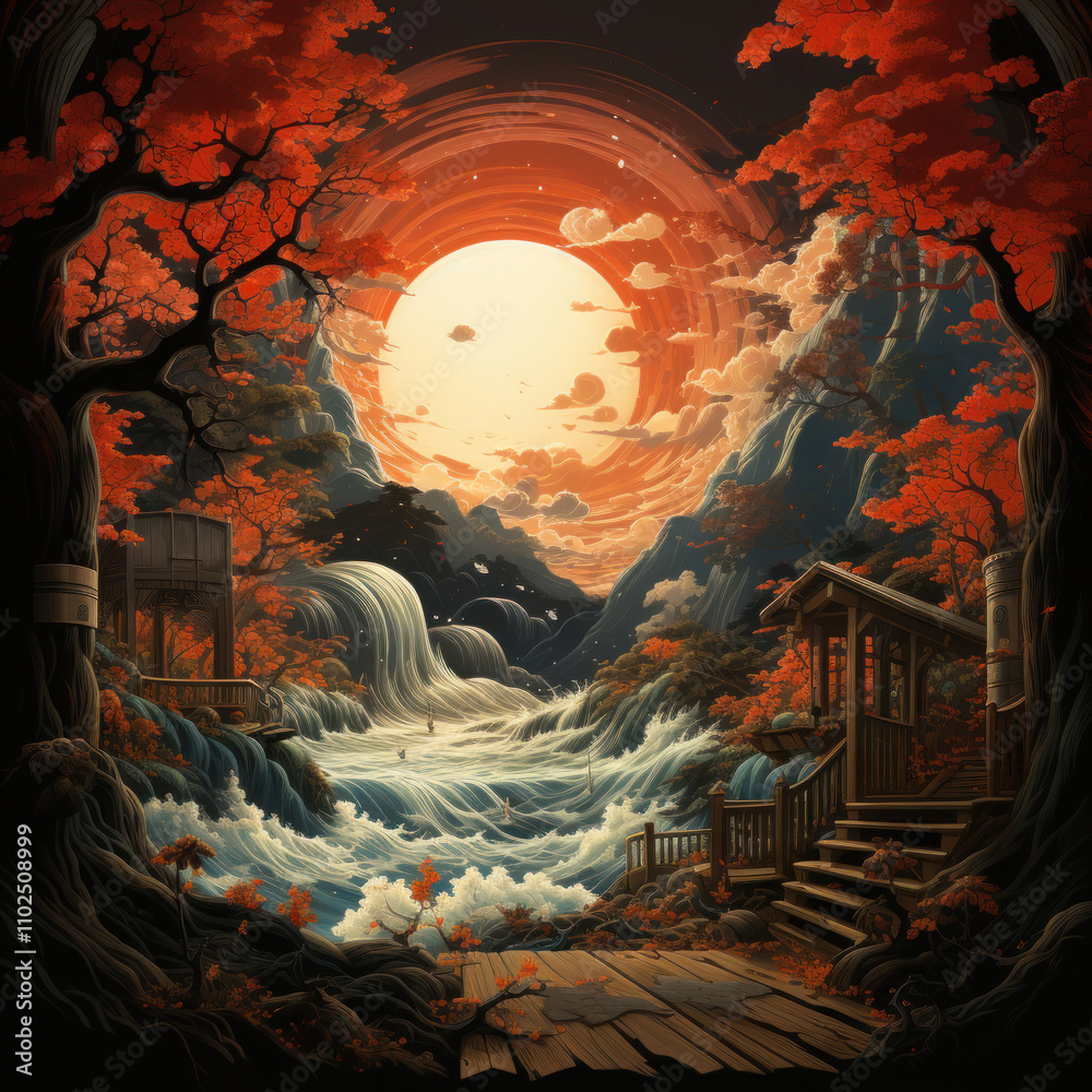 Fototapeta premium fantastic landscape inspired by oriental aesthetics. 