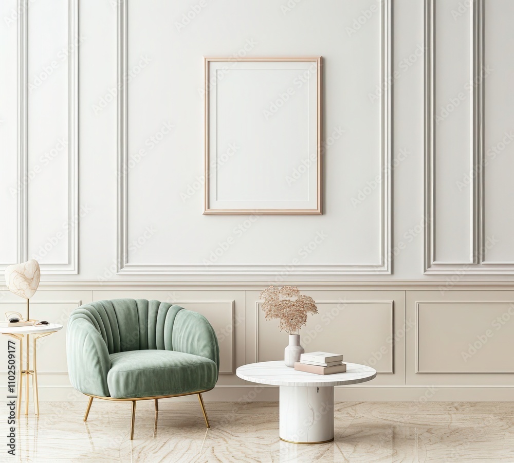 A green armchair sits on a rug in a minimalist living room with a large empty frame on the wall. a side table with a vase and books A green armchair sits on a rug in a minimalist living room with a large empty frame on the wall. a side table with a vase and books