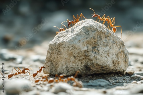 Teamwork in action  ants collaborate to lift a large rock together with remarkable coordination photo