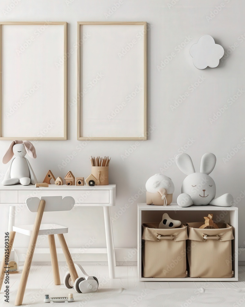 Minimalist children's playroom with two blank picture frames. wooden table. stool. rug. toys. and a doll in a basket Minimalist children's playroom with two blank picture frames. wooden table. stool. rug. toys. and a doll in a basket