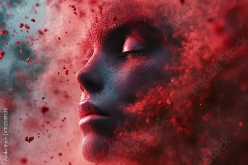 Abstract face dissolving into red particles  human identity and ai evolution in a digital realm photo