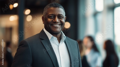 Confident African American man in suit standing with a smile, group of colleagues in the background, modern office, soft lighting