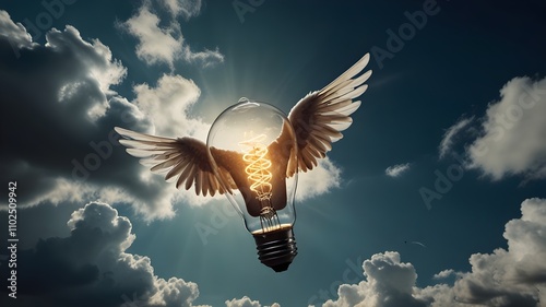 light bulb with wings flying in the sky, concept of unbound creativity