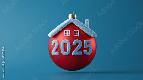 Red house-shaped Christmas bauble with '2025' text, symbolizing home, holidays, and future opportunities. Ideal for real estate ads, holiday campaigns, and social media marketing