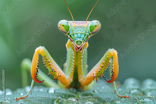 Mantis on a green background,.  photo