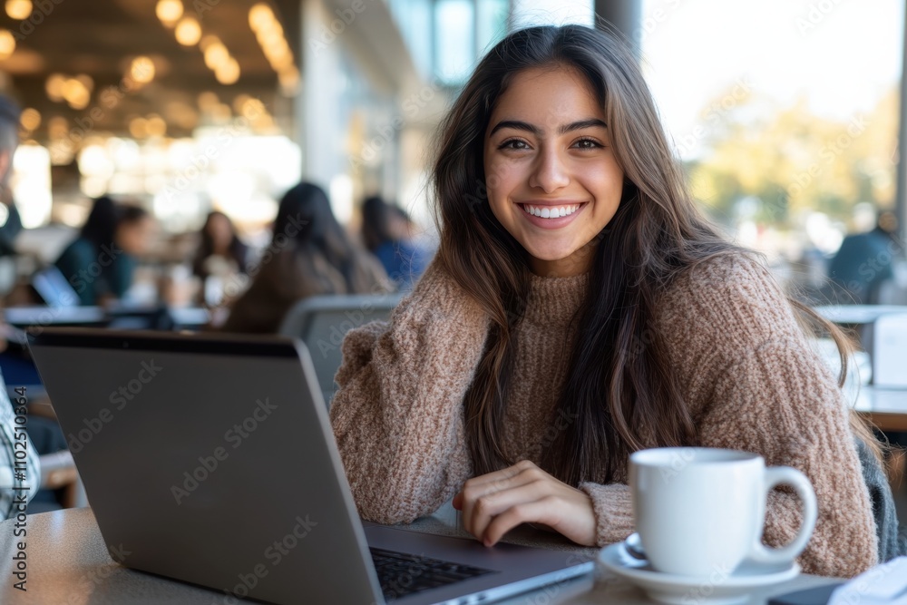 A cheerful young woman sits at a cafe, her laptop open in front of her while sipping coffee, radiating positivity and warmth in a relaxed atmosphere. A cheerful young woman sits at a cafe, her laptop open in front of her while sipping coffee, radiating positivity and warmth in a relaxed atmosphere.