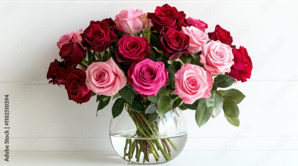 A bouquet of vibrant red and pink roses in a clear glass vase, placed on a clean, white surface with natural light, A bouquet of vibrant red and pink roses in a clear glass vase, placed on a clean, white surface with natural light,