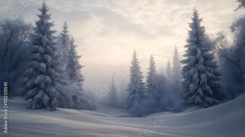 Tranquil White Pines Under a Gentle Blanket of Winter Snow Against a Whitened Sky