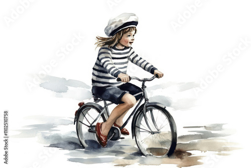 Beautiful young  girl  riding a bicycle. Digital watercolor painting. photo