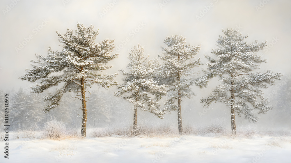 Tranquil White Pines Under a Gentle Blanket of Winter Snow Against a Whitened Sky Tranquil White Pines Under a Gentle Blanket of Winter Snow Against a Whitened Sky