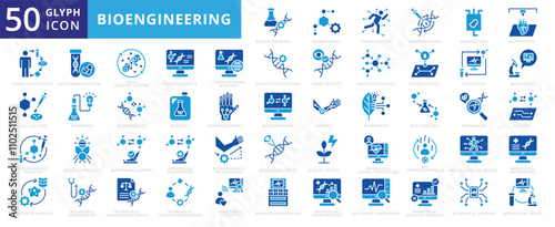 Bioengineering icon set of biomedical, bioluminescence, model, mineral, pharmaceutical, device, mechanical, computing, nanotechnology, data analysis, ethics, processing, imaging, genetic engineering