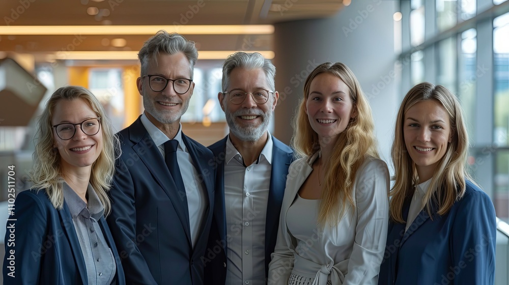 Confident business team portrait in modern office setting. Confident business team portrait in modern office setting.