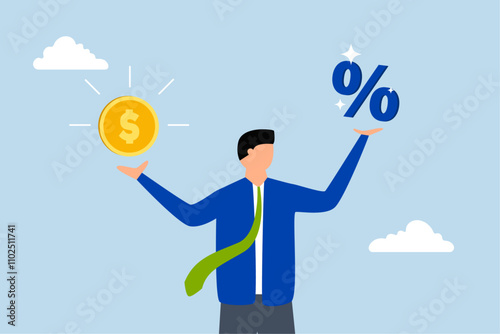 Lending, Businessman gripping a dollar coin and percentage symbol. 