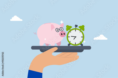 Pension fund investment for retirement, senior piggybank with alarm clock.