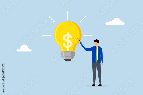 Idea pitching, businessman proposes investment idea using a lightbulb in a discussion. 