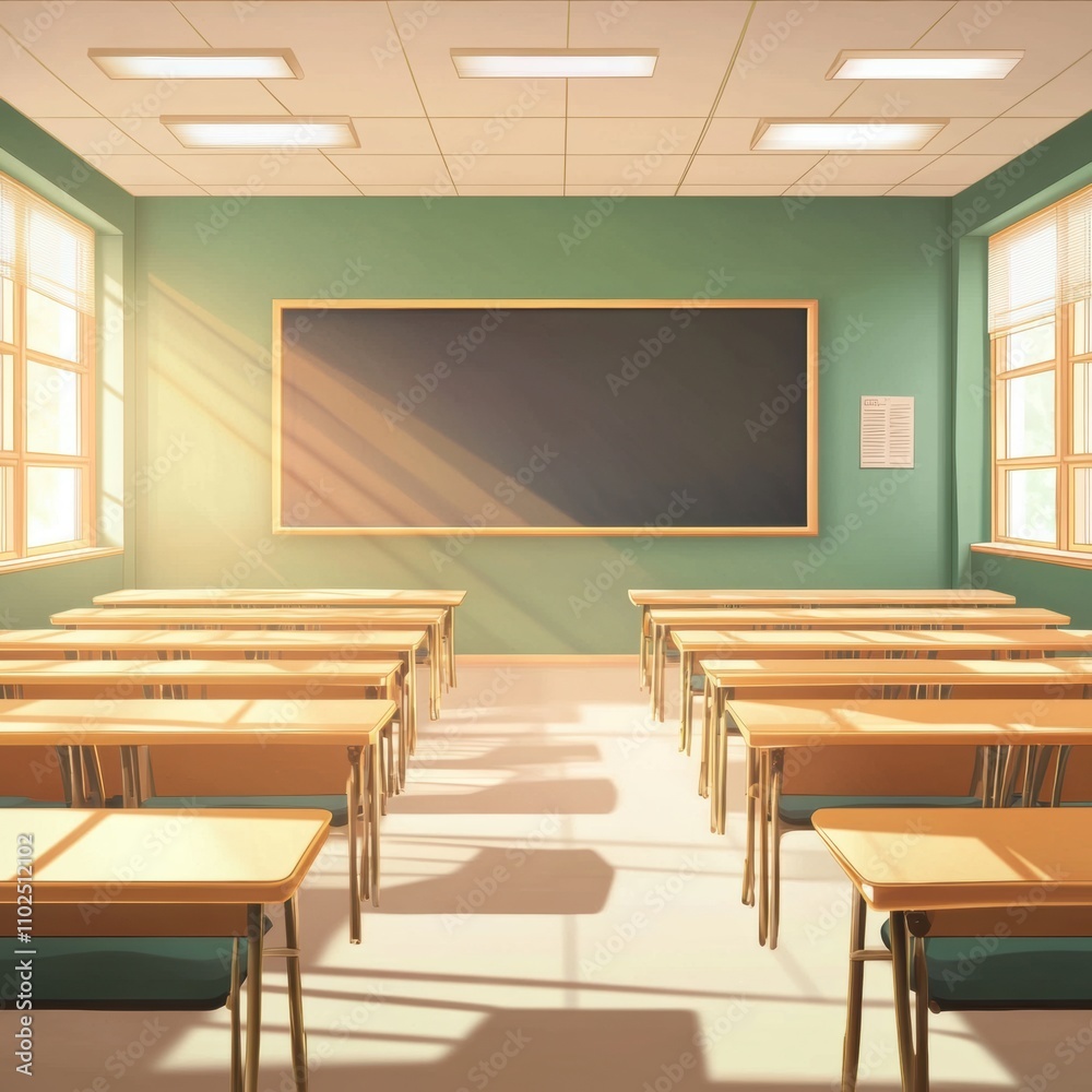 Minimalist Classroom with Empty Desks and Chalkboard Minimalist Classroom with Empty Desks and Chalkboard