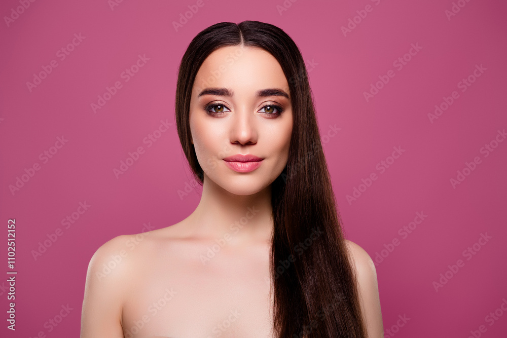 Photo of attractive pretty girl with long brunette hair look in camera isolated pink color background