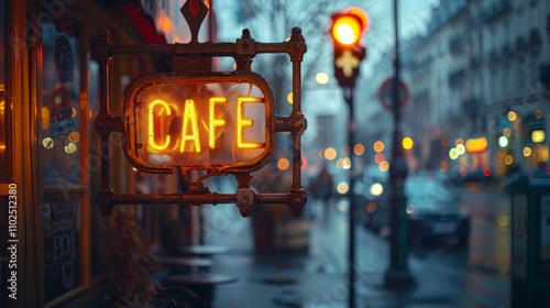Fototapeta Naklejka Na Ścianę i Meble -  Illuminated cafe sign hanging outside a Parisian cafe at dusk, with blurred city street background.