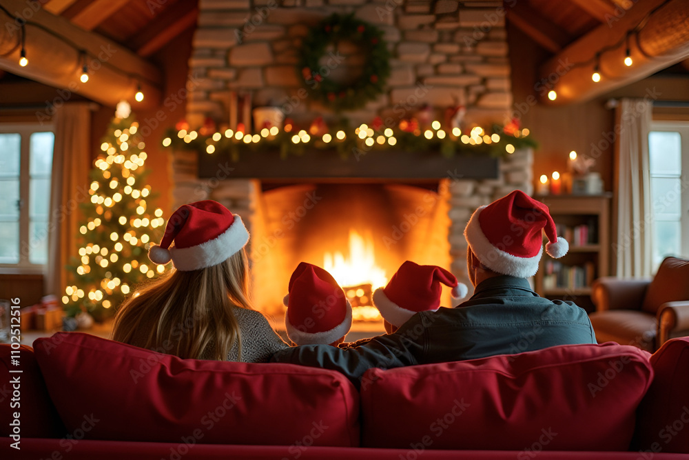 Family chilling in cozy wooden living room in front of the fireplace in rustic cottage. Cozy Christmas mood in old country house