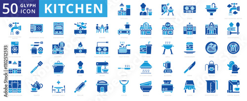 Kitchen icon set  of equipment, refrigerator, table, cooking, chef, steak, grill, hamburger, cutlery, fast food, knife, teapot, stove, mixer, blender, sink, spatula, educational, frying, pot, apron