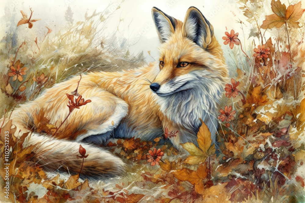 Obraz premium fox among the grass., watercolor style 