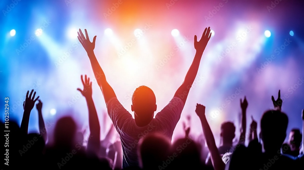 Audience enjoying a live concert with raised hands and colorful lights.