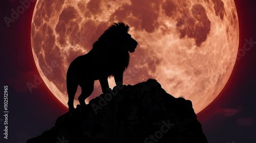Black silhouette of a majestic lion standing on a rock, with a full red moon as a backdrop, creating a powerful and evocative scene