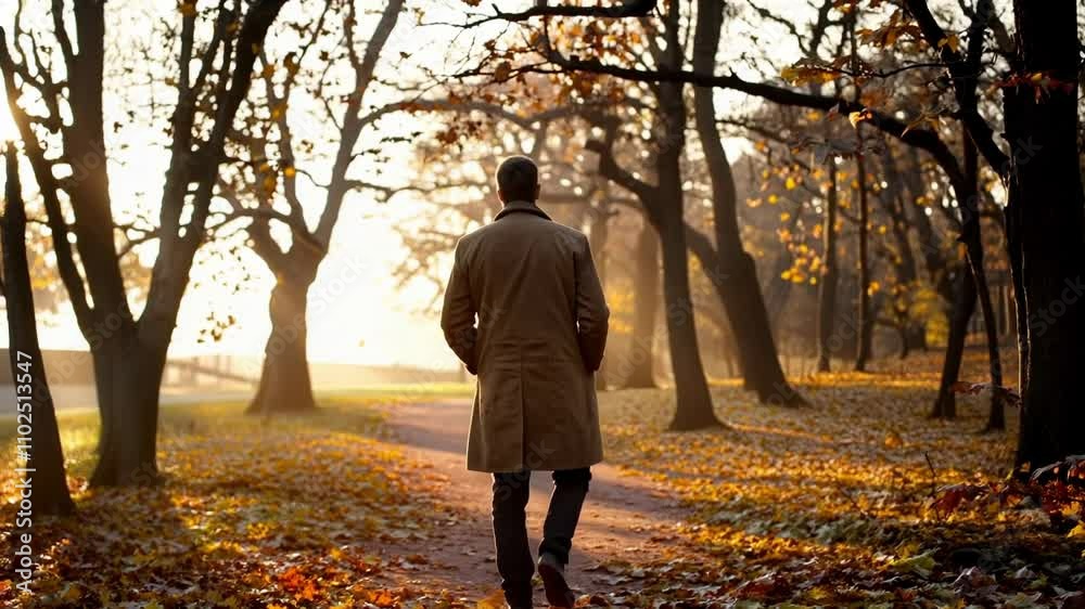 Man walking through autumn park with golden sunlight filtering through trees and fallen leaves covering the ground Man walking through autumn park with golden sunlight filtering through trees and fallen leaves covering the ground