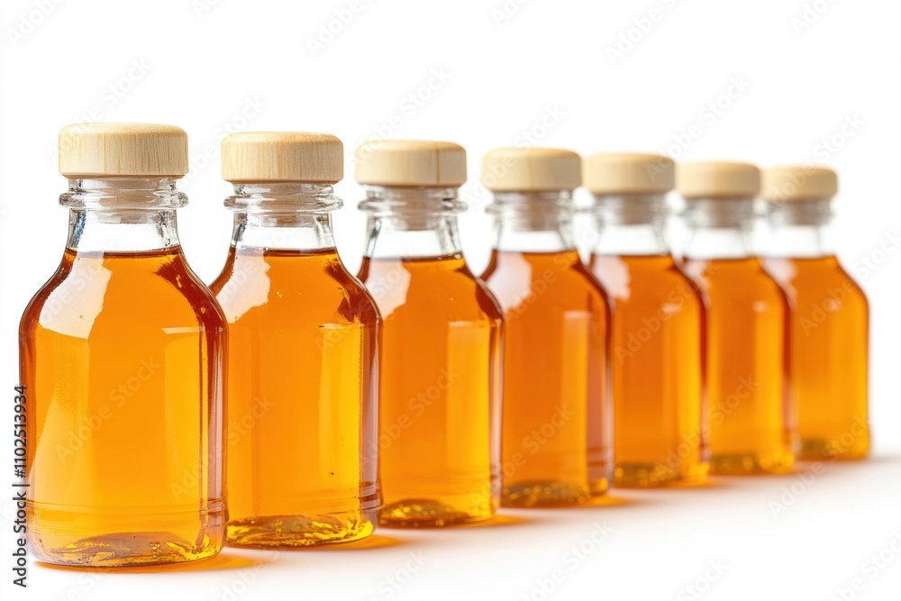 Neatly Aligned Bottles of Organic Honey on White Background Neatly Aligned Bottles of Organic Honey on White Background