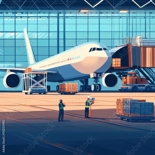 Airplane hangar, cargo loading, workers, freight.