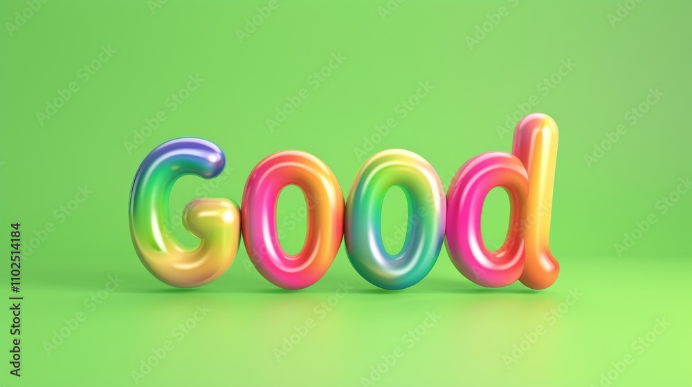 A vibrant and cheerful balloon-style typography spelling the word Good in multicolored letters, set against a solid green background. The glossy finish adds depth and a playful mood. AI generated. A vibrant and cheerful balloon-style typography spelling the word Good in multicolored letters, set against a solid green background. The glossy finish adds depth and a playful mood. AI generated.