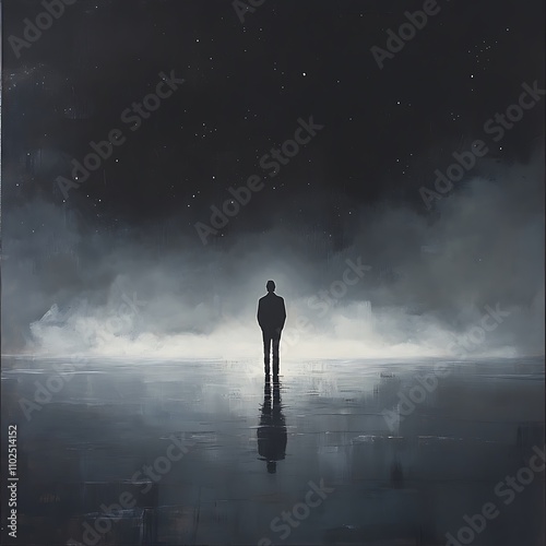 Silhouette Figure Standing Clouds Stunning Starry Night Sky Dreamlike Scene image