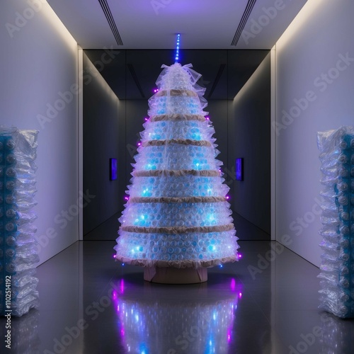 A futuristic Christmas tree crafted from bubble wrap and clear plastic packaging, glowing with neon blue and purple LED lights,300 DPI High Resolution