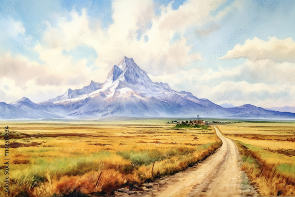 sandy road to the mountains through the steppe, mountains on the horizon., watercolor painting , sandy road to the mountains through the steppe, mountains on the horizon., watercolor painting ,