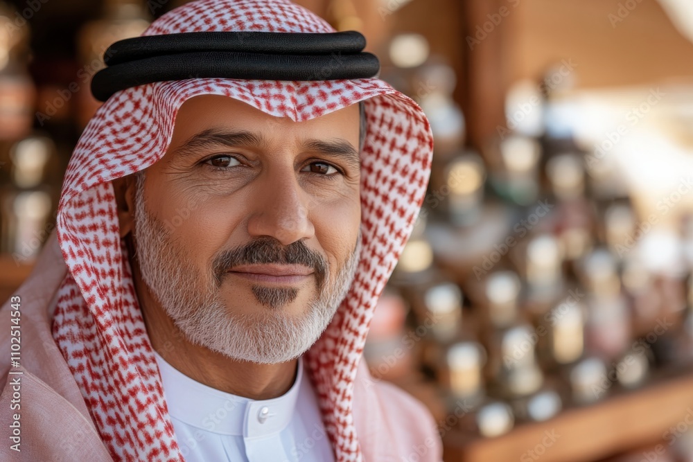 A close-up portrait of a Middle Eastern man wearing traditional attire, showcasing intricate patterns and a warm smile against a backdrop of spices and culture. A close-up portrait of a Middle Eastern man wearing traditional attire, showcasing intricate patterns and a warm smile against a backdrop of spices and culture.