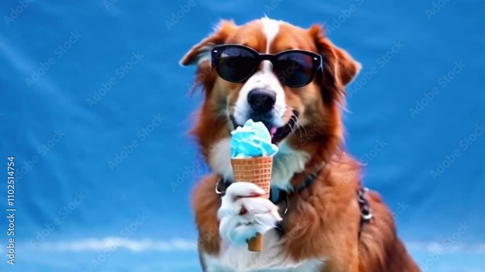 A playful dog enjoys a cool ice cream cone while wearing sunglasses, creating a fun, carefree vibe. The bright blue background emphasizes the summer spirit and lighthearted nature, perfect for a trave