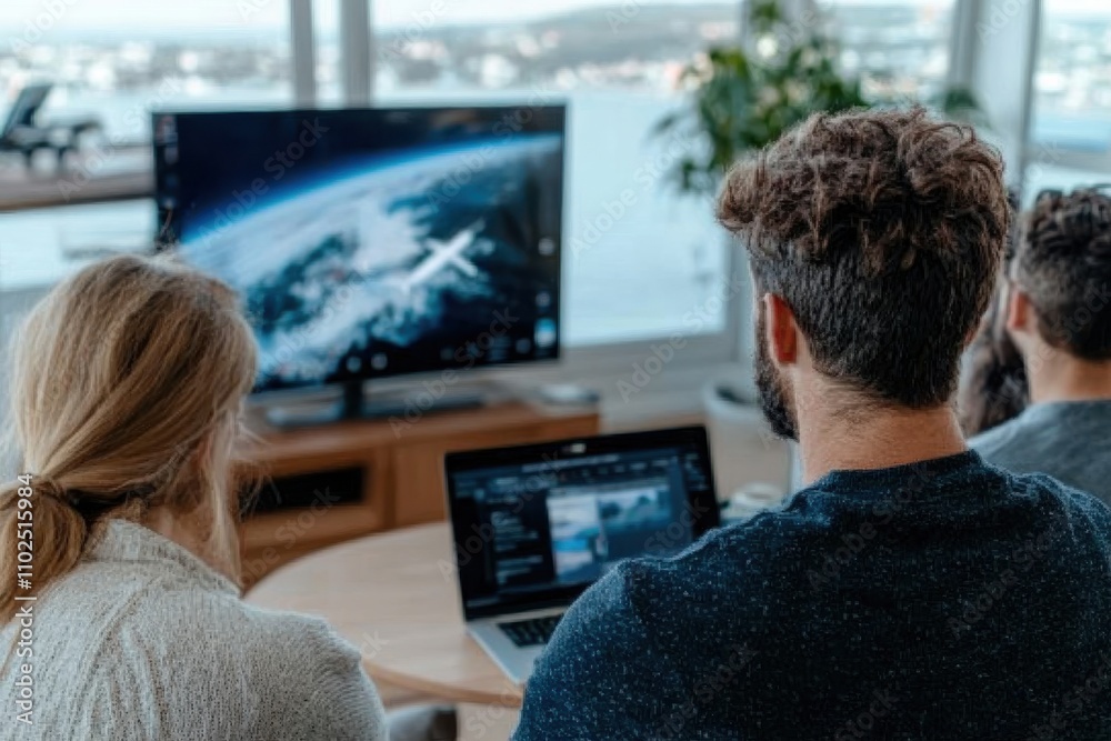 A diverse group of individuals focuses on an exciting space exploration broadcast, reflecting the fascination and unity that space brings to humanity. A diverse group of individuals focuses on an exciting space exploration broadcast, reflecting the fascination and unity that space brings to humanity.