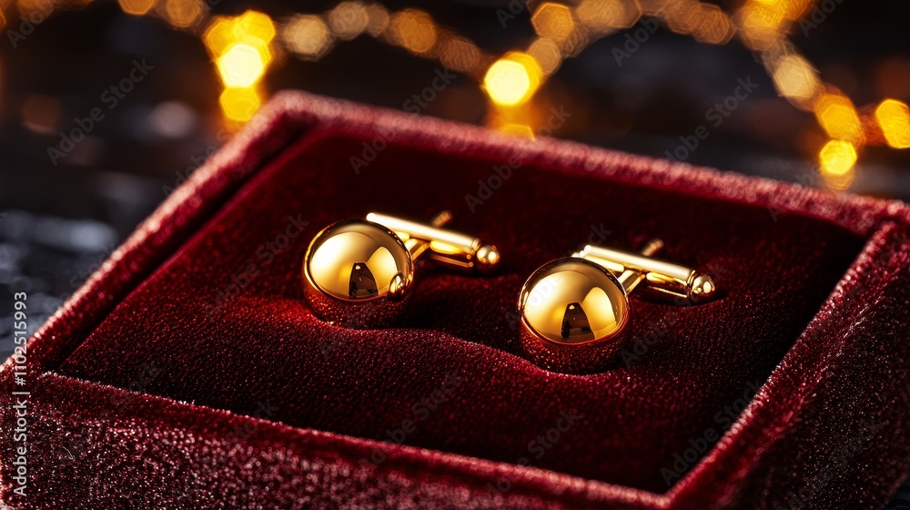 Gold-plated cufflinks in velvet box, elegant studio lighting Gold-plated cufflinks in velvet box, elegant studio lighting