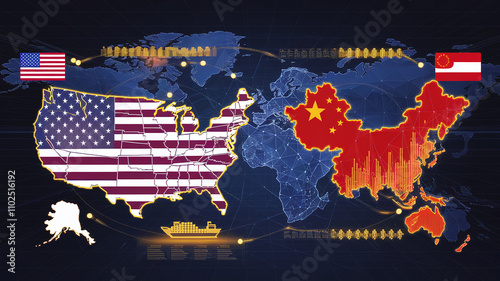 A digital world map highlighting global trade connections between the USA and China, featuring their flags and networked pathways, representing international commerce and relations.