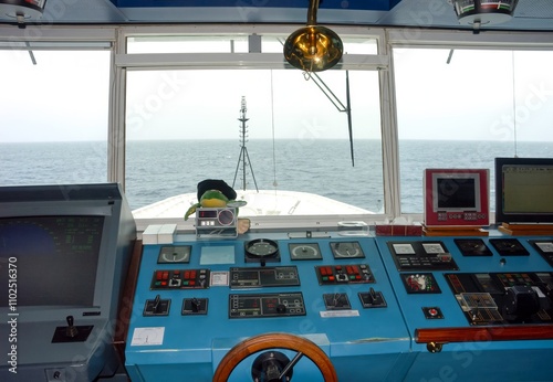Ship's Bridge (wheelhouse) with Control Panel and Ocean View photo