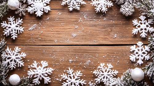 Winter wonderland decor with snowflakes and festive greenery creating a cozy holiday atmosphere at a rustic wooden setting