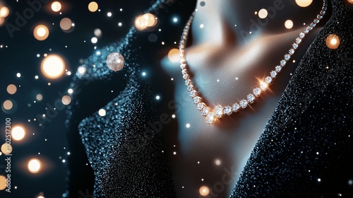 Luxurious diamond necklace on black velvet, spotlight on flawless stones, sparkling under soft golden light, elegance and exclusivity in detail