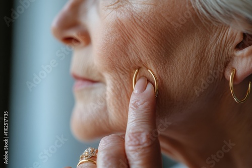 This image shows an elderly woman with a thoughtful expression, delicately holding a gold ring and illustrating the deep emotional connections attached to meaningful jewelry. photo