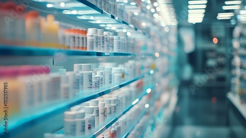 Obraz na płótnie Pharmacy store drugs shelves, pharmacy business store, showcasing various types of prescription medications medical supplies, Shelves with Health Care Products, Concept of pharmacist, blurred image Ph w salonie